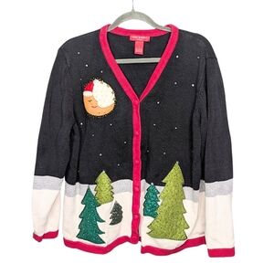 Vintage Merry & Bright Holiday Cardigan Sweater 1X Christmas Trees Moon